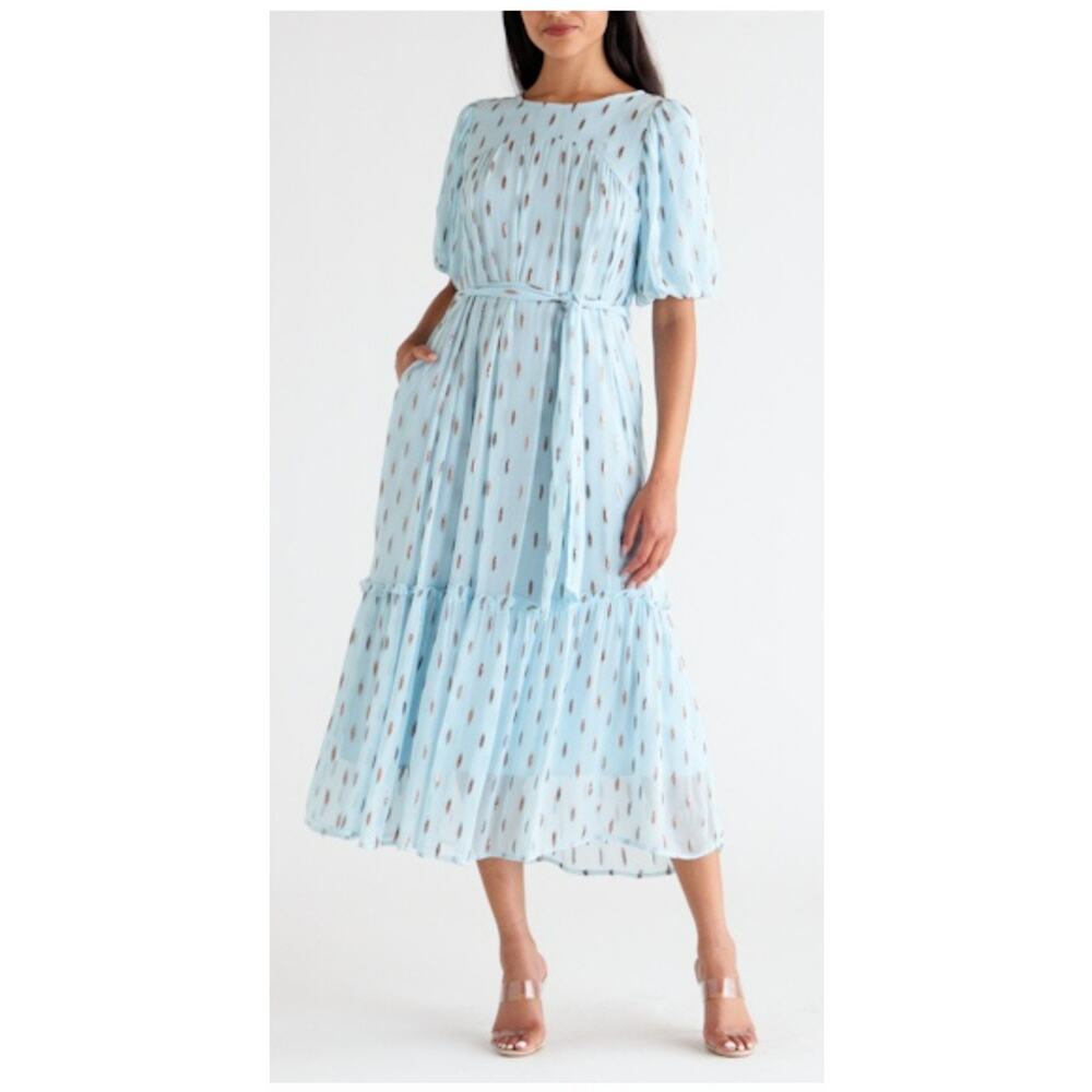 CIEBON Light Blue Metallic Clip Dot Dress Size Large Puff Sleeve Tie‎ Waist